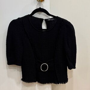 Zara Black Tweed Top with Crystal Buckle Waist size small